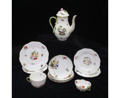 A Herend porcelain coffee pot, of Rothschild pattern; together with a cream jug; leaf form dish; cup and saucer; four plates 