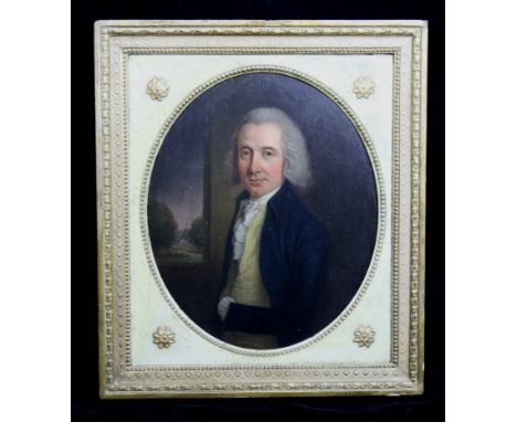 English School -  oval portrait of a gentleman with landscape in the back ground, oil on board, oval 41cm max, in a painted g