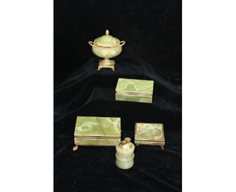 Vintage gilt metal mounted onyx items, comprising vase and cover, two boxes and covers, one with lion paw feet; square dish a