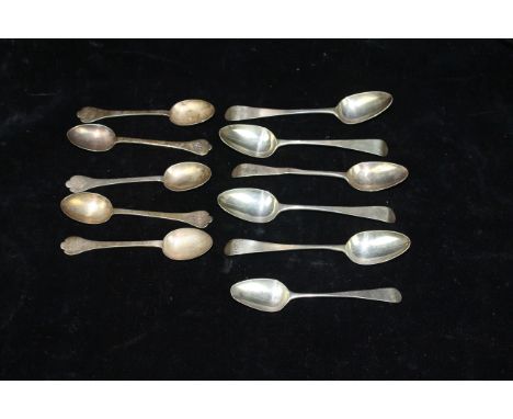 Five silver teaspoons, old English pattern, engraved T.C, London 1791;  five dog nose pattern teaspoons, London 1886; and one