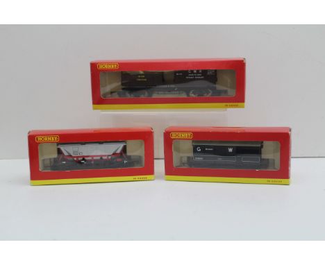 Hornby - 00 gauge GWR 20 ton brake van, R6316; a British Rail MGR Hopper (open hood) B350002, R6157A; and a GWR door to door 