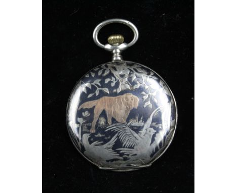 A Nielloware pocket watch with yellow metal inlay, the dust cover stamped Ancre de Precision, engine turned yellow metal dial