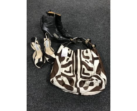 A Jimmy Choo Zebra Print Pony Hide Hobo handbag, together with a matching pair of shoes and a pair of Christian Dior ankle bo