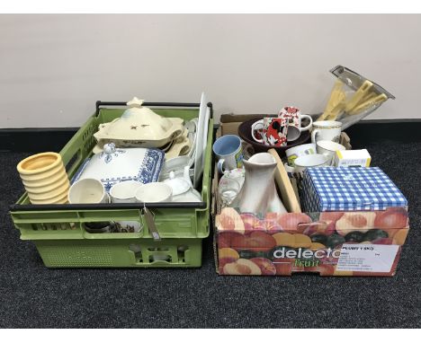Four boxes of assorted china, dinner ware, collector's plates, Maling tureen and serving plate, Royal Doulton tureens, Great 