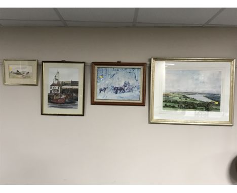 A framed watercolour study - landscape initialled RFB dated '82, framed signed picture "Highlights at North Shields Fish Quay