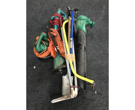 A quantity of garden tools, spirit level, strimmer, garden vac etc 