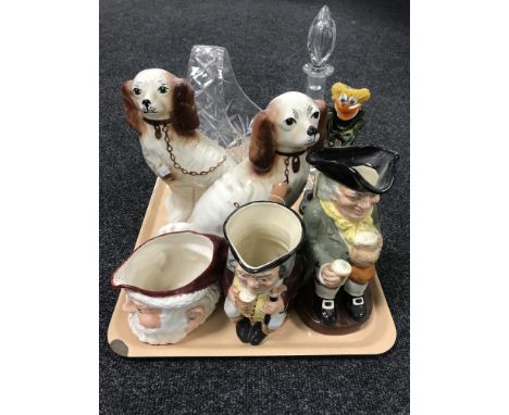 A tray of two Doulton toby jugs, crystal basket and decanter, pair of dog figures, glass clown etc 