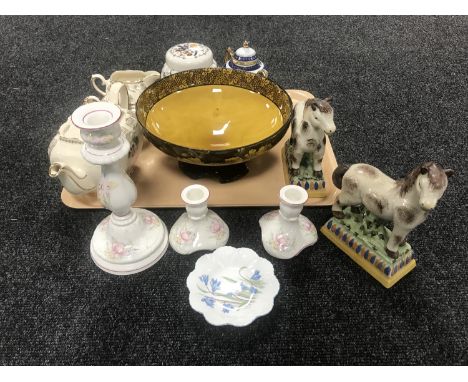 A pair of Staffordshire style horses, Sylvac flower vase, Saddler teapot milk jug and sugar basin, lidded urn etc 