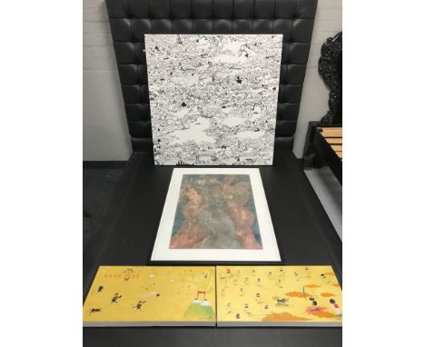 A pair of contemporary un-framed wall canvases of Samurai, print of two nudes and a large wall abstract scene 