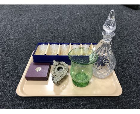 A Bohemian Crystal decanter with china sherry label and a box of six boxed Watford Crystal sherry glasses, soapstone teapot, 