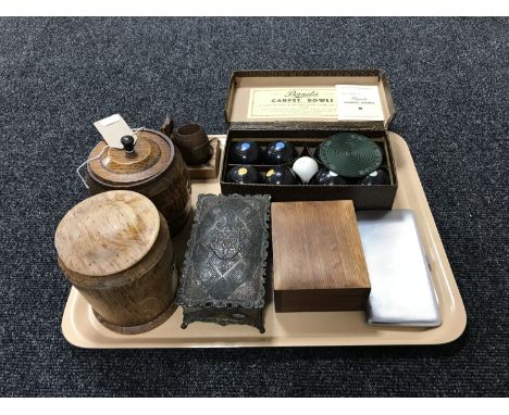 A tray of treen tea caddy and tobacco jar, miniature teak barrel from HMS Warspite, cased mini carpet bowls, trinket boxes et