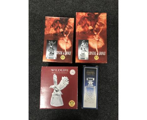 Two boxed RCR Crystal and Dance figures - Tango and Ballero, boxed crystal wildlife eagle and a boxed crystal decanter 