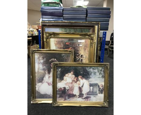 Three gilt framed prints, gilt framed Sakai Hoistu print, framed oil on board - country cottage 