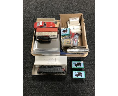 A tray of un-boxed and boxed die cast vehicles, boxed die cast pencil sharpeners, Dixons desk calculator with clock, vintage 