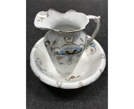 A J & G Meakin wash jug and basin  CONDITION REPORT: Handle cracked and repaired. Crazed throughout. Typical surface wear. 