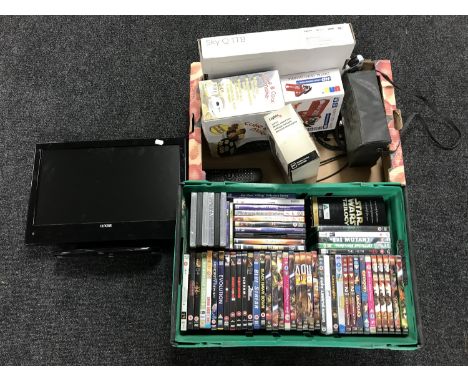A box of assorted DVDs and CDs, box of Sky box, digital camera, Luxar LCD TV etc 