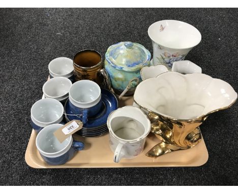 A tray of Royal Winton and Aynsley vases, Denby cups and saucers, glass paperweights etc 