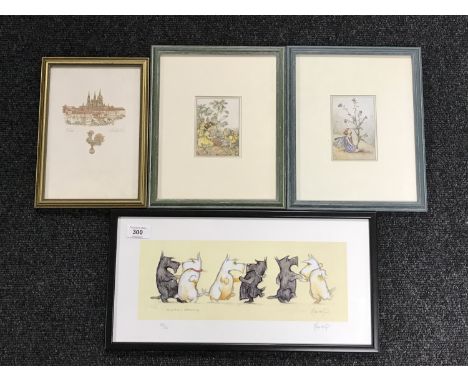 Two framed colour prints initialled JMB "Flower fairies", a framed limited edtion print "Scottish Dancing" 50/500 signed Mint