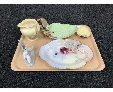 A tray of Carlton ware, Nao figure, Royal Worcester gilded scalloped edged shallow bowl 