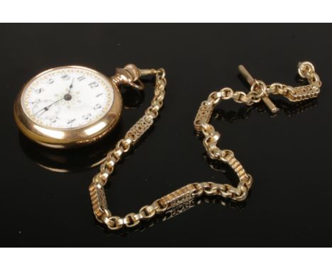 An Elgin gold plated pocket watch and yellow metal single Albert chain. With gilt embellished enamel dial, subsidiary seconds