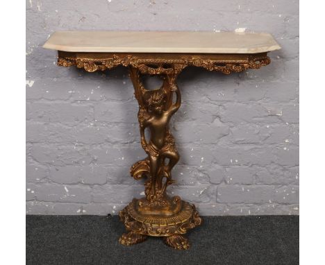 A gilt wood console table with marble effect top.  