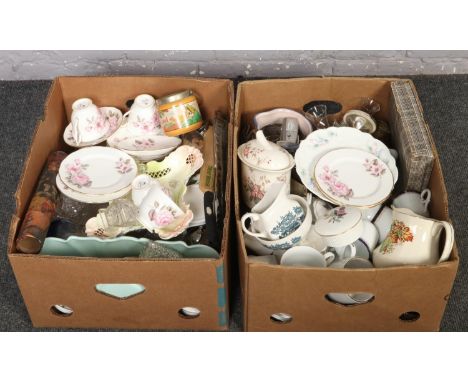 Two boxes of miscellaneous mainly ceramics, Alfred Meakin jug, Enoch Wedgwood Jug &amp; bowl, trinket Hathaway rose examples 