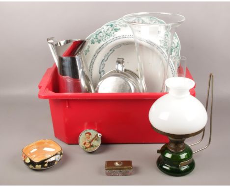 A box of miscellaneous, Alfred Meakin ceramic meat plate, glass gas lamp, large glass vase,  children's vintage musical toy e