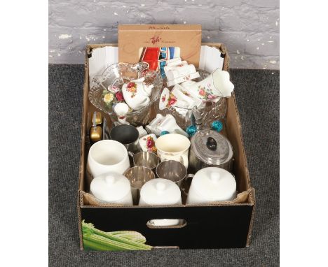 A box of miscellaneous to include cottage rose ceramics, cut glassware, walker &amp; hall metalwares, Beatles alarm clock etc