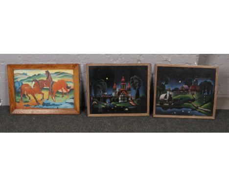 A collection of paintings on material, night time scene to include a framed print  