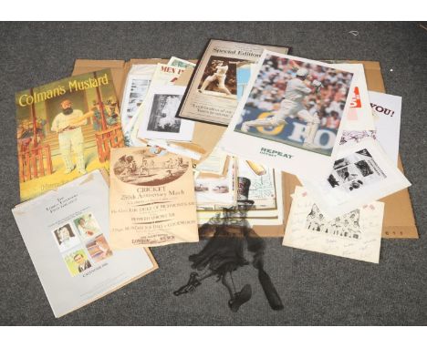 A collection of cricket ephemera, to include Colman's Mustard print, calendar, signed England team sheet etc.  