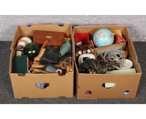 Two boxes of miscellaneous to include miniature backgammon board, oriental lamp, wooden items, glassware, shells etc.  