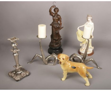 A collection of miscellaneous, silver plated candlestick, aluminium figurine candlesticks, Coopercraft ceramic dog, figurines