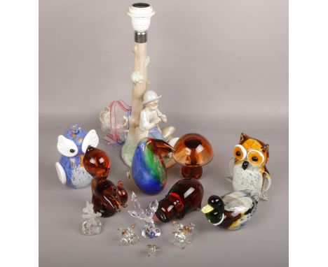 A collection of mostly art glass to include animal paperweights, Nao figural table lamp, small glass animals etc.  