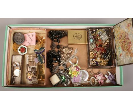 A tray of mainly costume jewellery including French jet, earrings, enamel badges and cufflinks etc.  