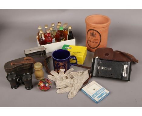 A box of collectables, to include alcohol miniatures, opera glasses, Kodak camera etc.  