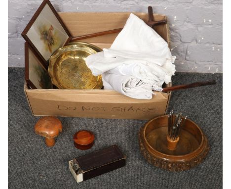 A box of miscellaneous, wooden nut bowl, toadstool and trinket, The Singer Manufacturing Company Accessories for Fam V.S/ Med