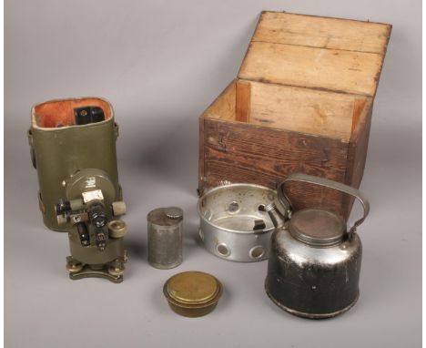 A Military camping stove, Sirram Atmospheric stove W4,  kettle, bowl, flask in box to include BBTKrauss France camera in case