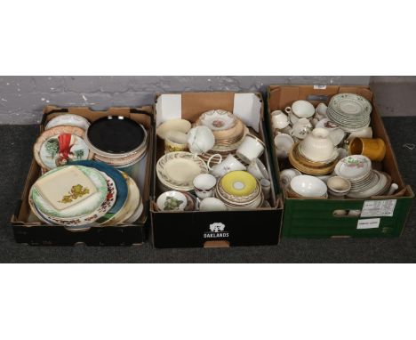 Three boxes of miscellaneous ceramics to include Wedgwood, Carltonware, Aynsley etc.  