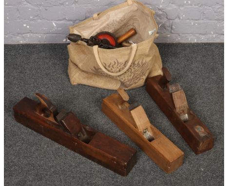 A collection of hand tools, Vintage Alex Mathieson 17 inch wooden Jack plane Campbell &amp; Co, vintage hand drills, hammers 