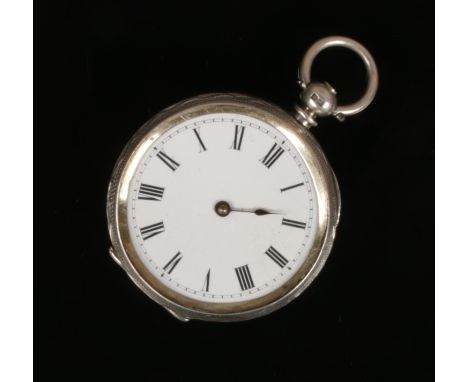 A Victorian silver cased fob watch with enamel dial. Assayed Birmingham 1887, 40mm wide.  Crystal lacking. Minute hand lackin