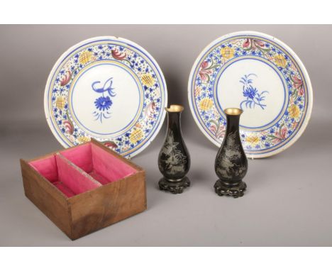 A pair of Japanese lacquered wood vases 21cm including bases, in box to include a pair of large ceramic plates.  Lacquered va