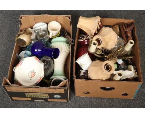 Two boxes of miscellaneous mainly ceramic vases, bowls, table lamp, brass light fitting with shades etc  