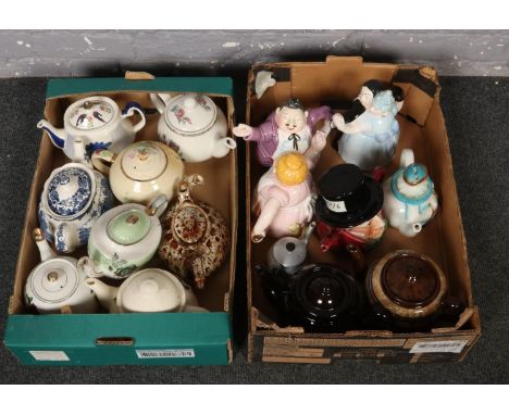 Two boxes of ceramic teapots, Staffordshire Mad hatter, Avon scene Palissy, Gibson's examples  