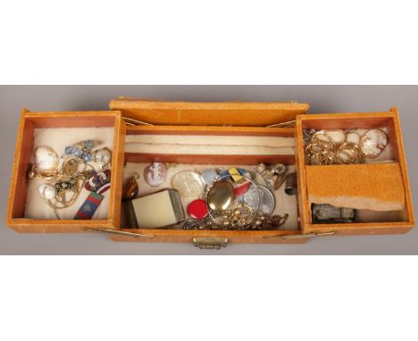 A collection of old jewellery oddments and collectables. Including cameos, watch head, commemorative medal and enamel badges 