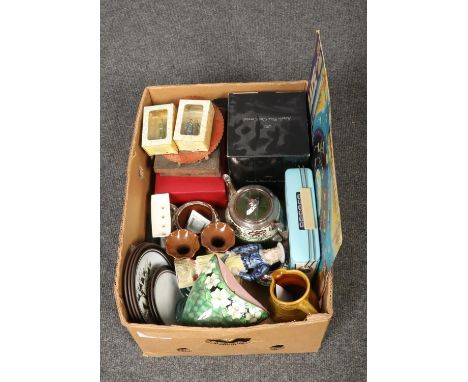 A box of miscellaneous, to include Chad Valley Moon Race, Gibsons teaset, slide ruler, Maling wall pocket etc.  