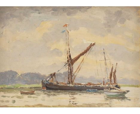 ▴ Hugh Boycott Brown RSMA (1909-1990)'Calm, Two Barges Anchored with a Smack'inscribed and titled on a label verso, oil on bo