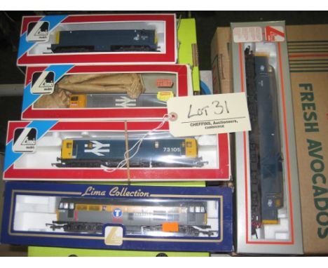 Lima; five boxed diesel locomotives, 20183 British Rail, 20215 Rail Freight, 73105 British Rail, 31112 Transrail, 40052 Briti