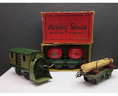 Hornby Series O Gauge LMS Snow Plough in green livery, light scratches and marks; double barrel Wine Wagon F in damaged box; 