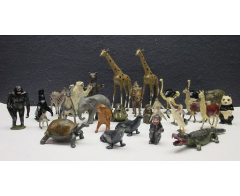 Model zoo animals, mostly Britains: sealion, crocodile, gorilla, kangaroo and joey, giant tortoise, two ostriches, baboon, tw