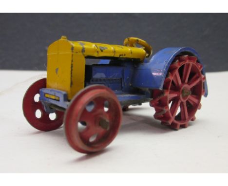 Dinky Toys 22e pre war tractor in yellow and blue with red wheels, (some chipping mainly to yellow paint)  